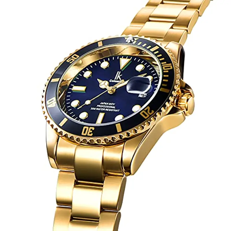 Alienwork Orologio Uomo Donna Oro Bracciale in Acciaio Calendario Data Blu Marino Classico Elegante miniatura 3