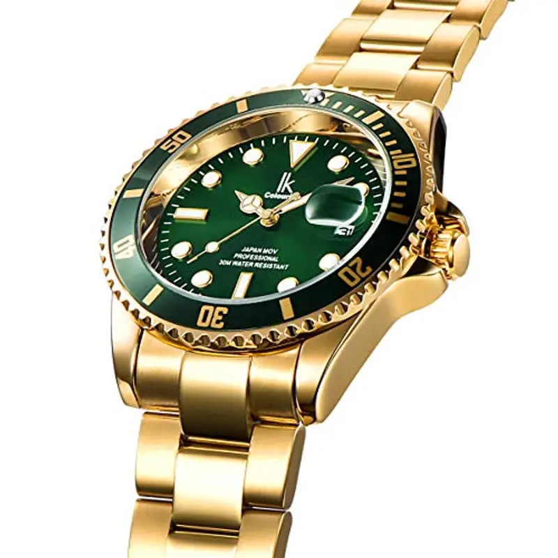 Alienwork Orologio Uomo Donna Oro Bracciale in Acciaio Calendario Data Verde Elegante miniatura 3