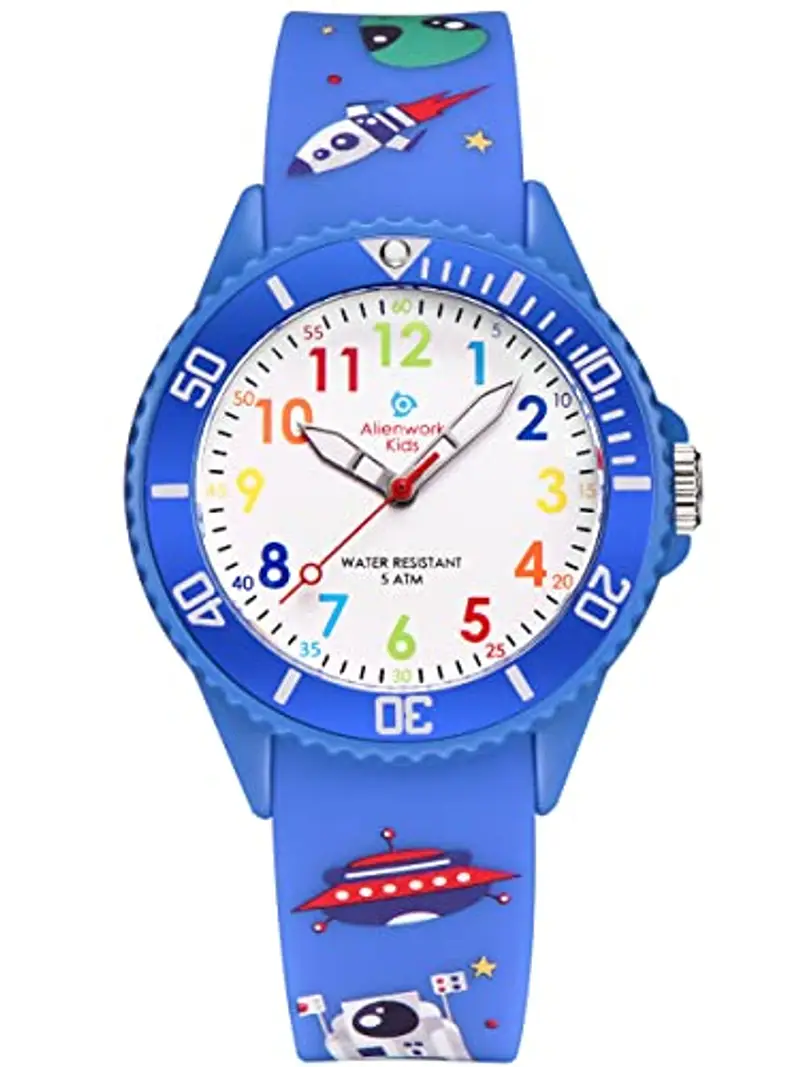 Alienwork Spazio Alien Orologio di Apprendimento Bambini Ragazzi Blu Bracciale in Silicone Multicolore bambini