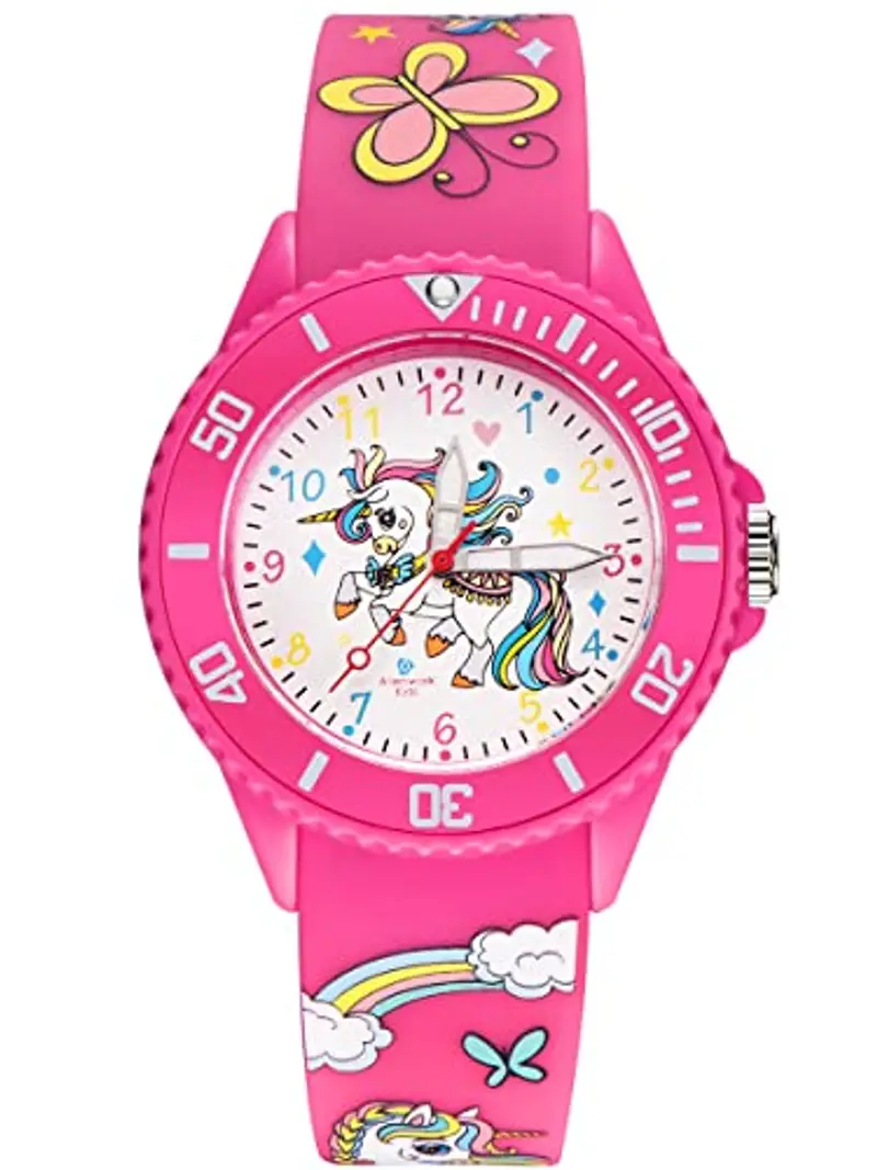 Alienwork Unicorno Ragazza Orologio di Apprendimento Bambini Ragazze Pink Bracciale in Silicone Multicolore bambini Impermeabile 5 ATM Tempo di Apprendimento
