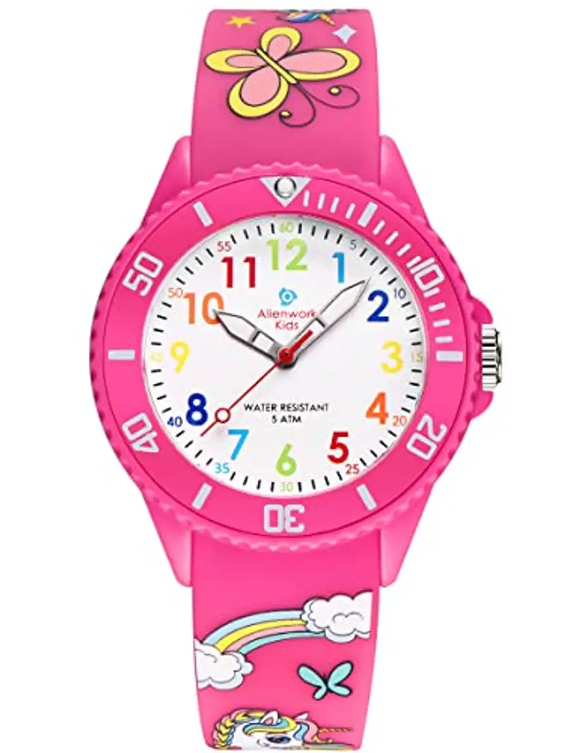 Alienwork Unicorno Ragazza Orologio di Apprendimento Bambini Ragazze Rosa Bracciale in Silicone Multicolore bambini Impermeabile 5 ATM Tempo di Apprendimento
