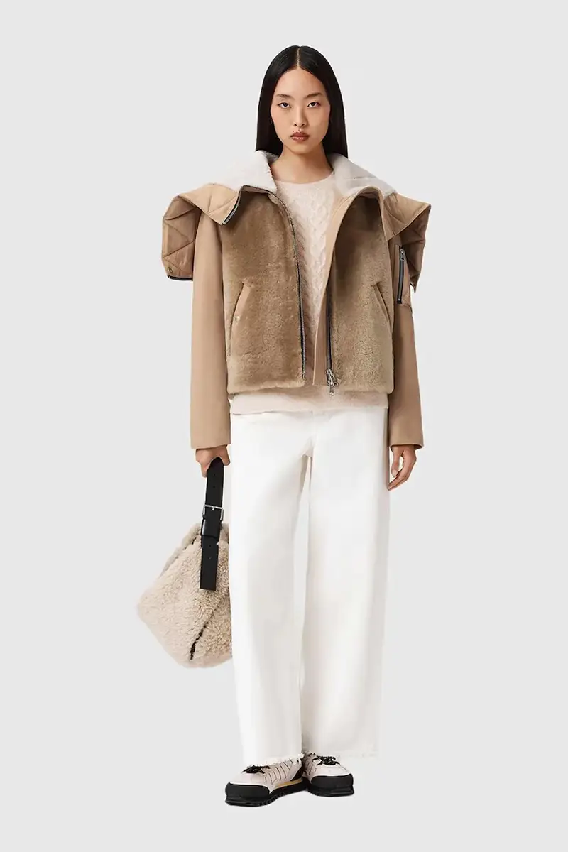 giacca in pelle scamosciata Beige miniatura 3