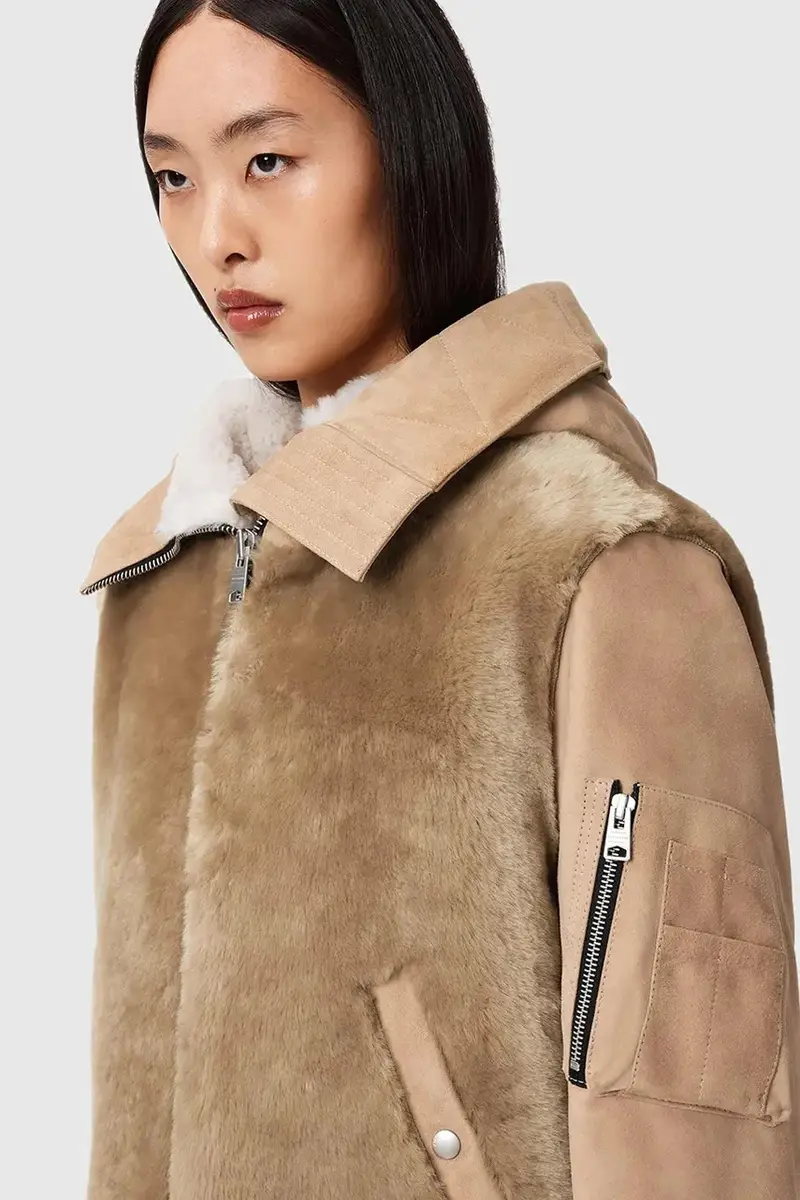 giacca in pelle scamosciata Beige miniatura 4