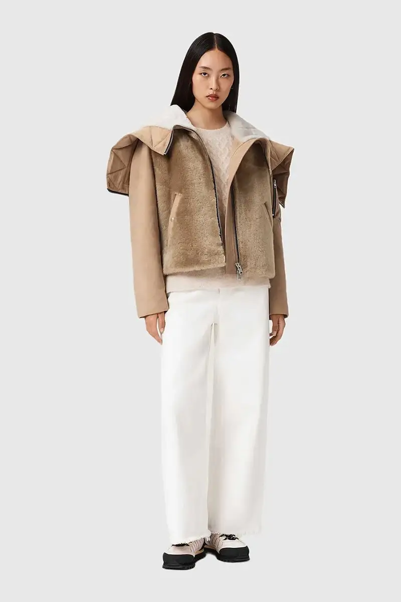 giacca in pelle scamosciata Beige miniatura 5