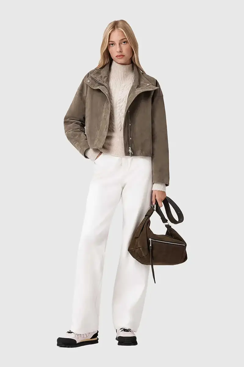 giacca in pelle scamosciata Beige miniatura 5