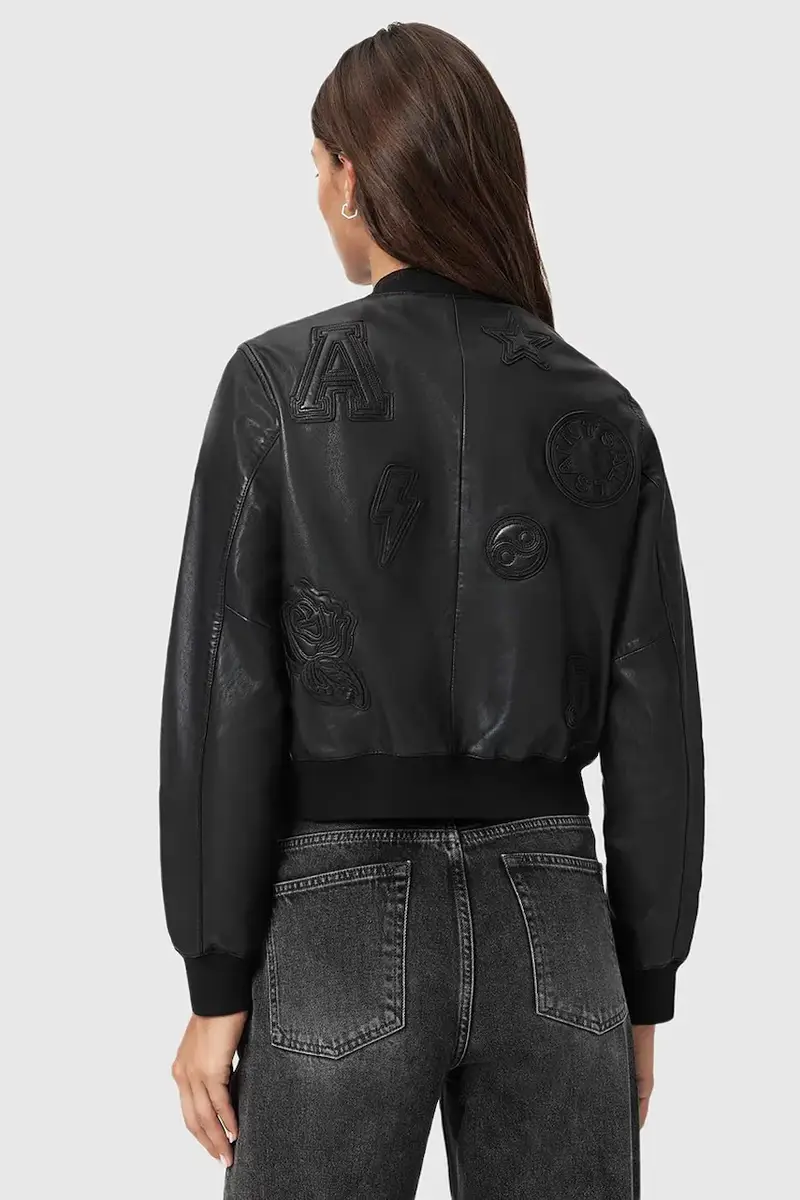 giacca in pelle stile bomber Nero miniatura 2