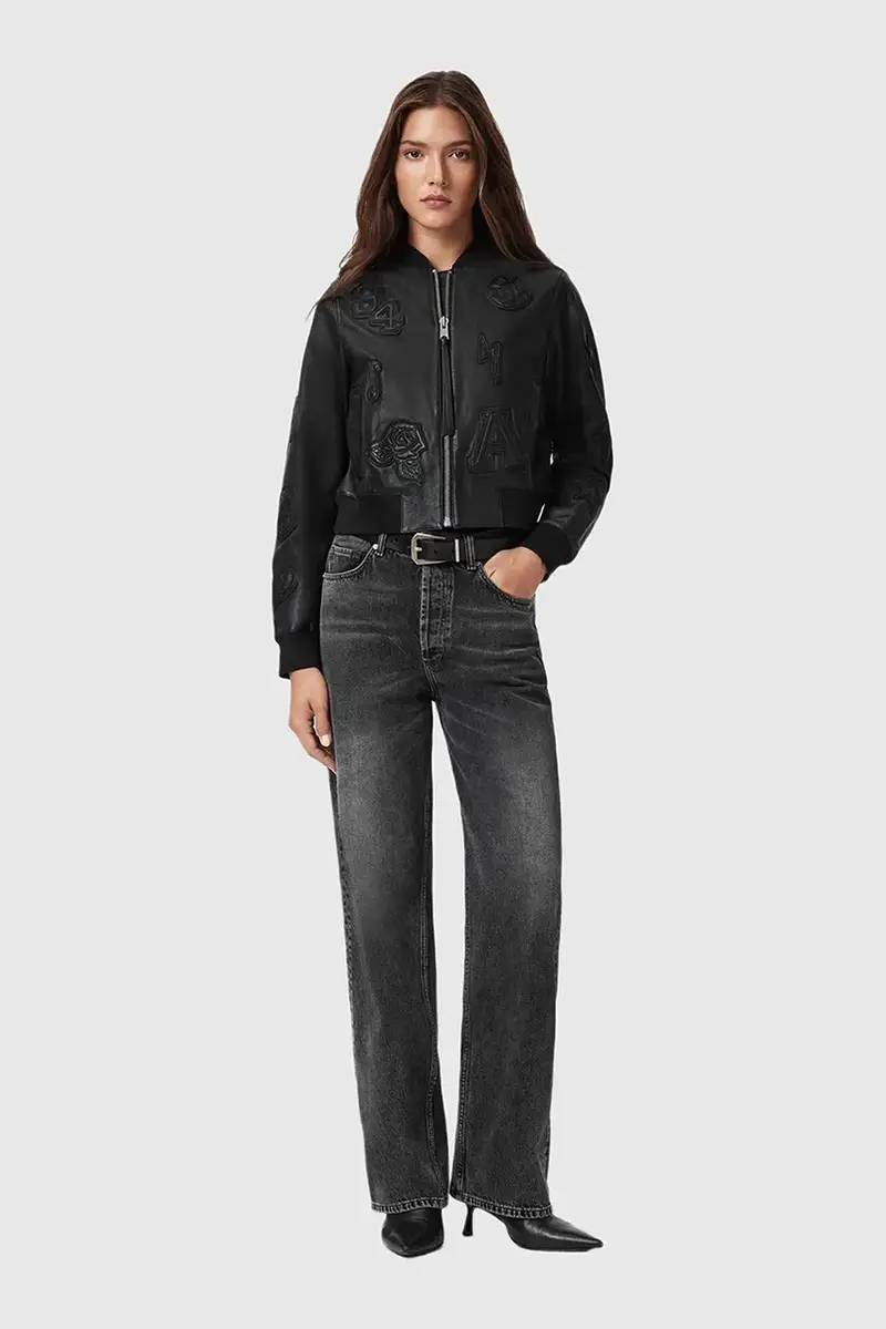 giacca in pelle stile bomber Nero miniatura 3