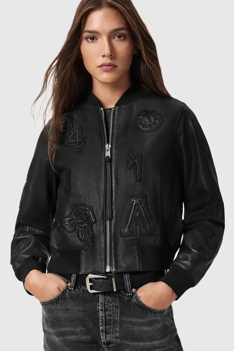 giacca in pelle stile bomber Nero miniatura 4