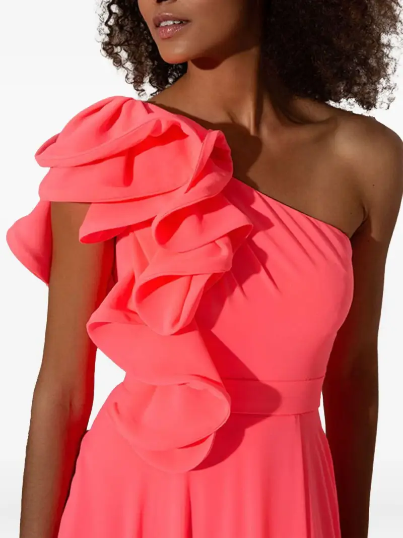 Abito rosa brillante monospalla con ruches miniatura 3