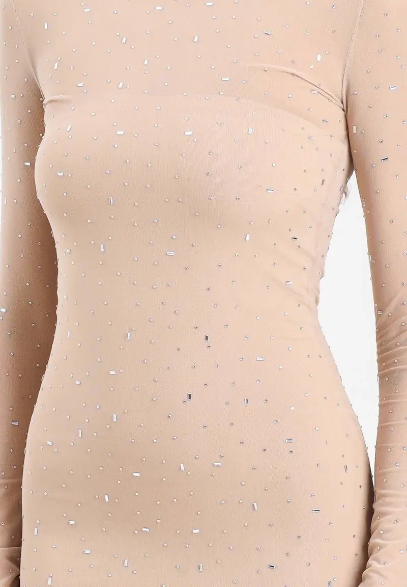 Abito lungo Acoro nude da donna con strass all-over miniatura 3