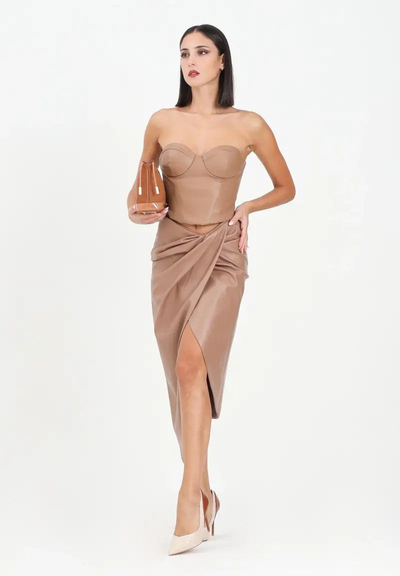 Gonna midi Gaeta in ecopelle color cammello da donna miniatura 2