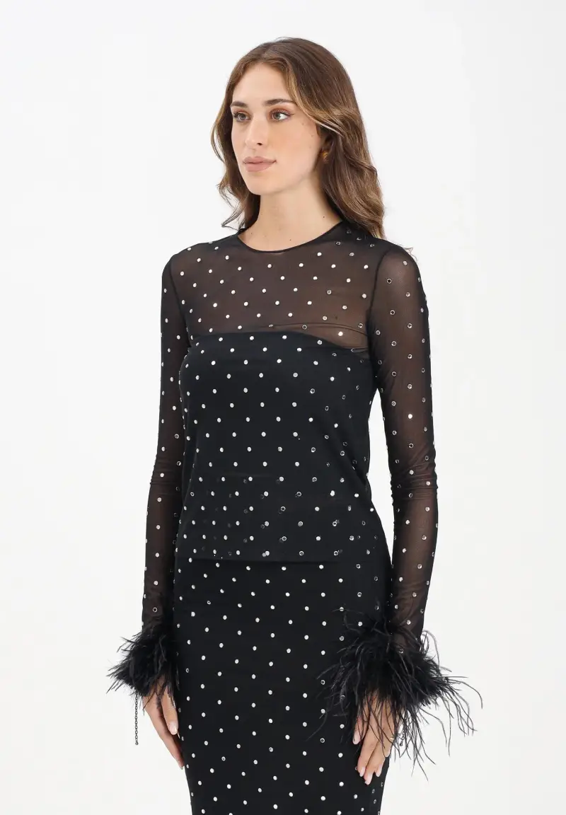 Top Taime nero da donna con applicazioni di micro strass