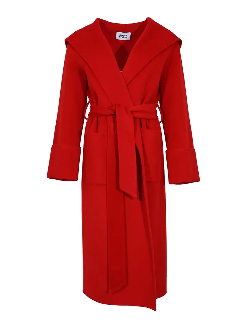 Cappotto Lungo In Lana Double Con Cappuccio Rosso