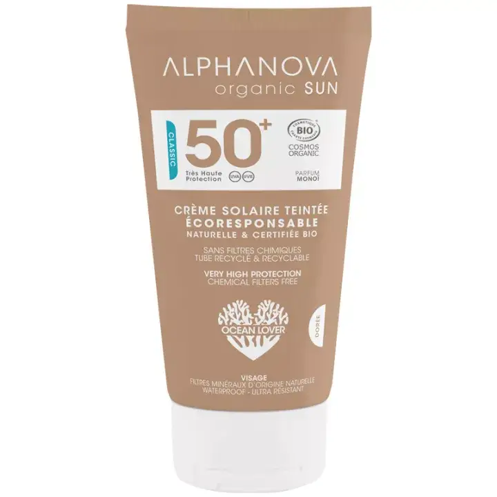 Organic Crema Solare Viso Impermeabile Tinta Dorata Spf50+ Bio Profumo Monoi 50g