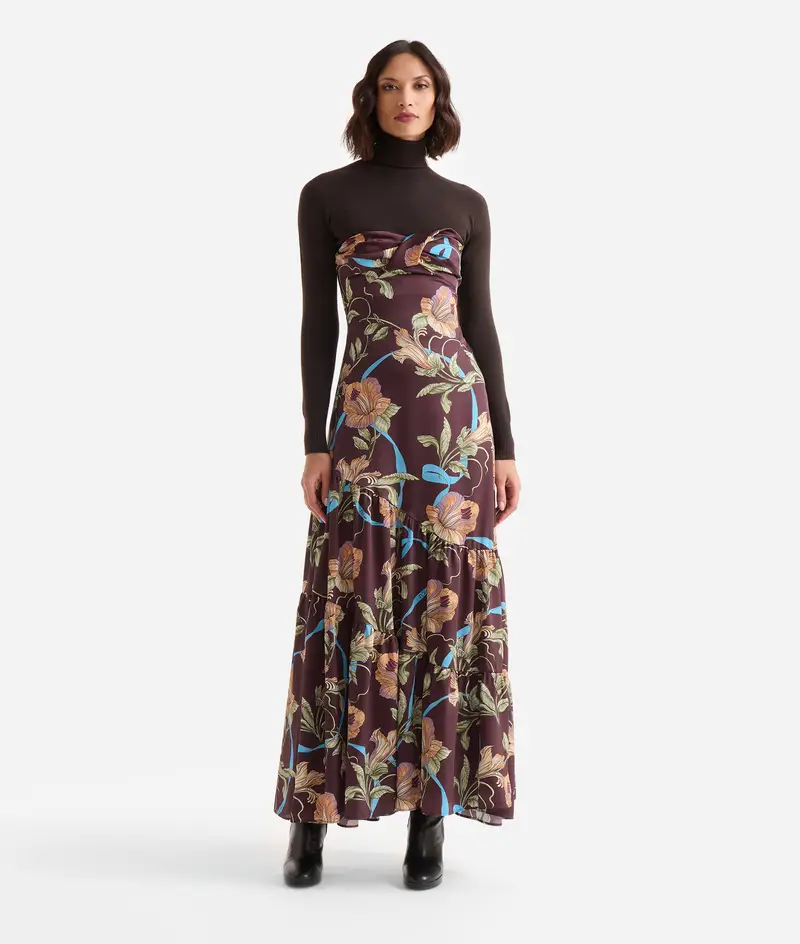 Abito da sera in twill Fiori Geo Mogano