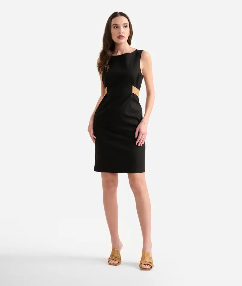 Abito in gabardina di cotone stretch con cintura Nero