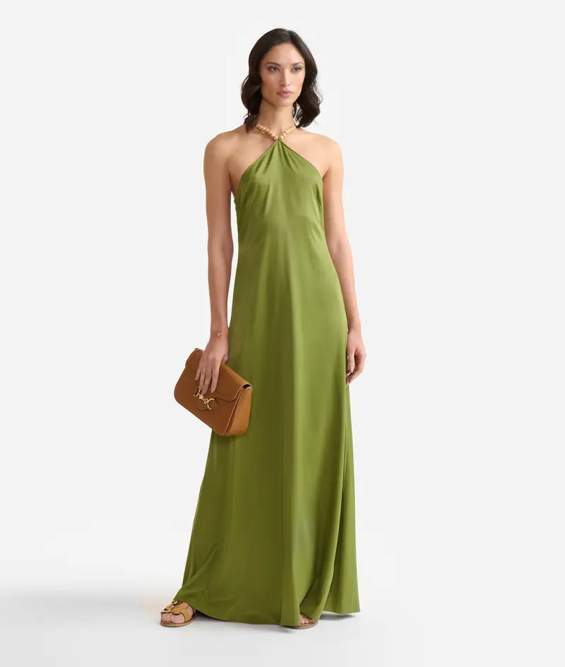 Abito lungo con perline in rasetto di viscosa stretch Verde