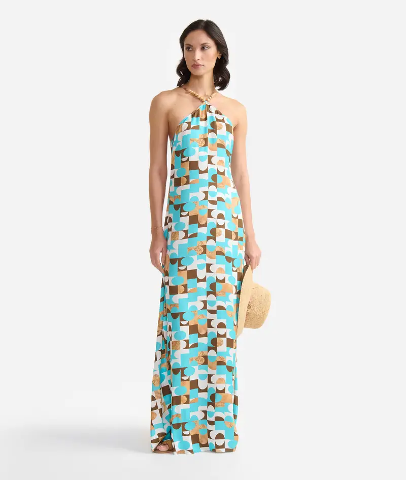 Abito lungo con perline in viscosa stampa Geo-metrico Turchese