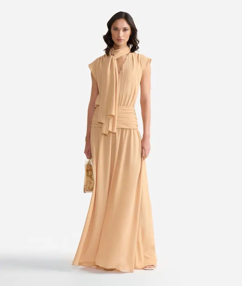 Abito lungo con sciarpina in crêpe de chine Deserto