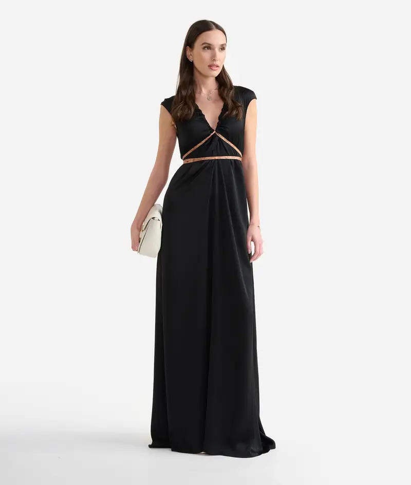 Abito lungo in fluido con nastrini Nero