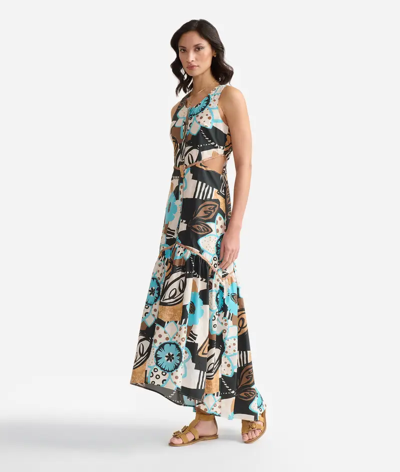 Abito lungo in popeline di cotone BCI Geo Fiori Turchese