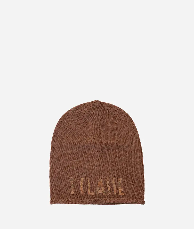 Berretto con logo in misto cashmere Cammello