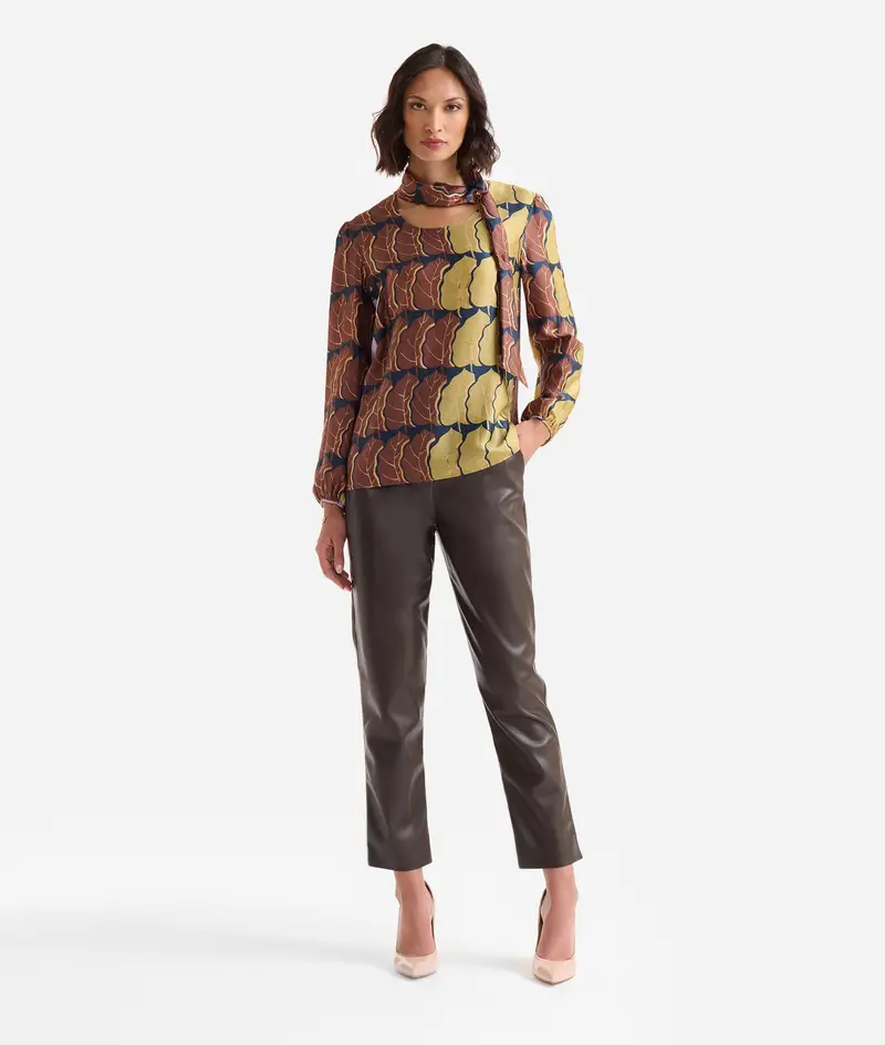 Blusa con foulard in viscosa Geo Foliage Blu Scuro