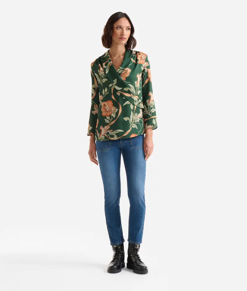 Blusa con incrocio in twill Fiori Geo Foresta