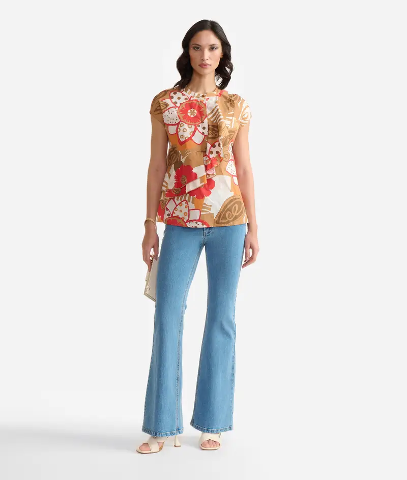Blusa con rouches in popeline di cotone BCI Geo Fiori Rossa
