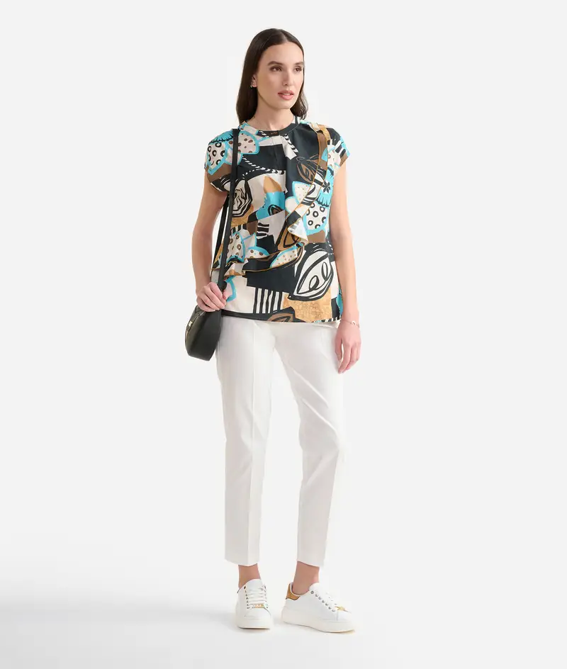 Blusa con rouches in popeline di cotone BCI Geo Fiori Turchese
