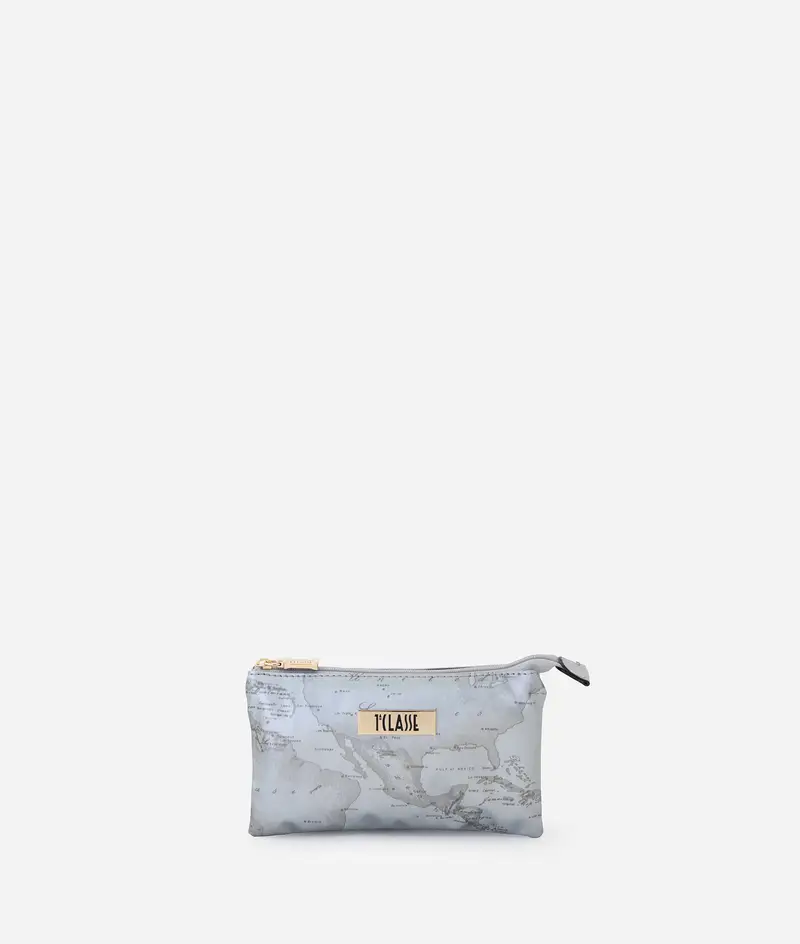 Bustina tre tasche in tessuto gommato Geo Argento