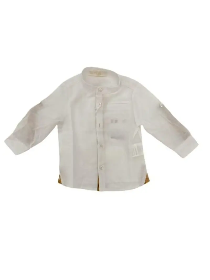 Alviero Martini camicia bianca neonato in lino collo coreano logo sul fondo