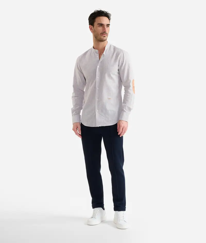 Camicia coreana in lino e cotone a righine con toppe Cacao