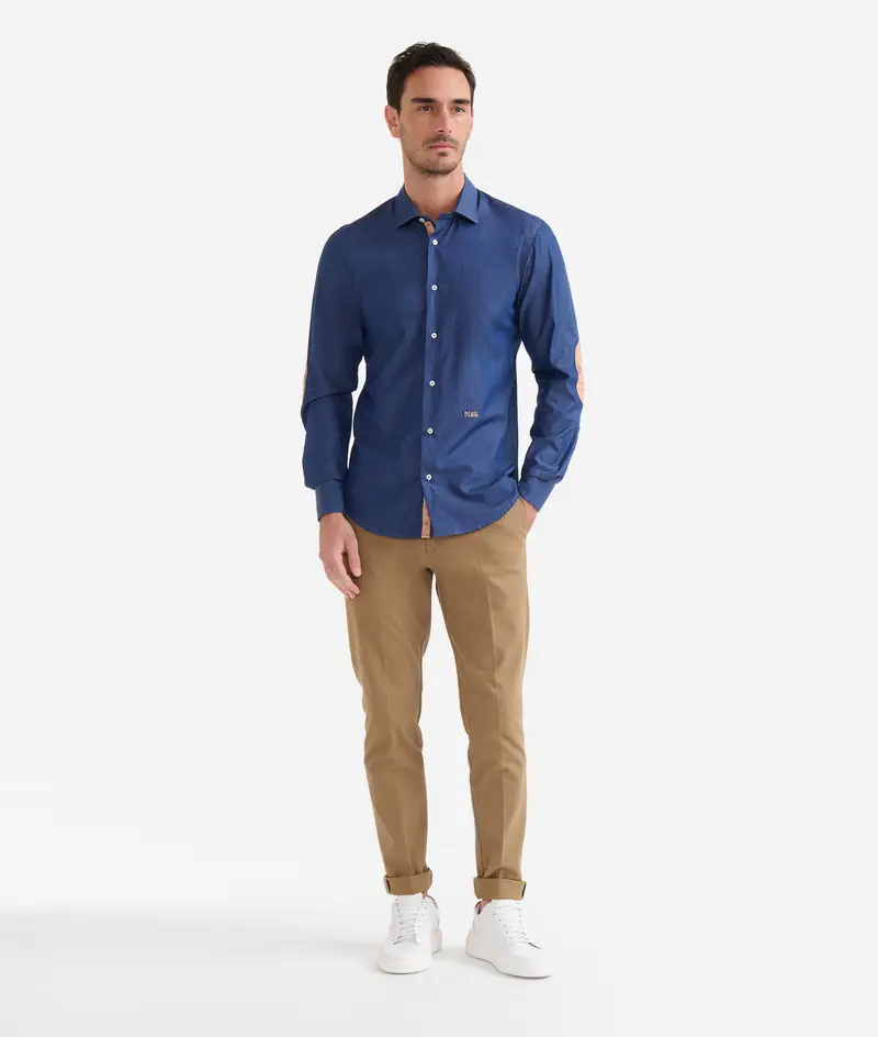 Camicia slim in denim leggero con toppe Geo Classic Blu Jeans