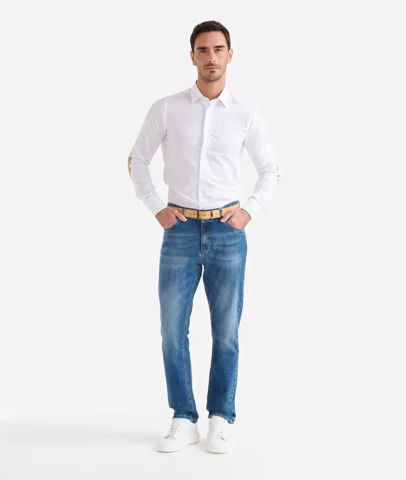 Camicia super slim in cotone stretch con toppe Geo Classic Bianca