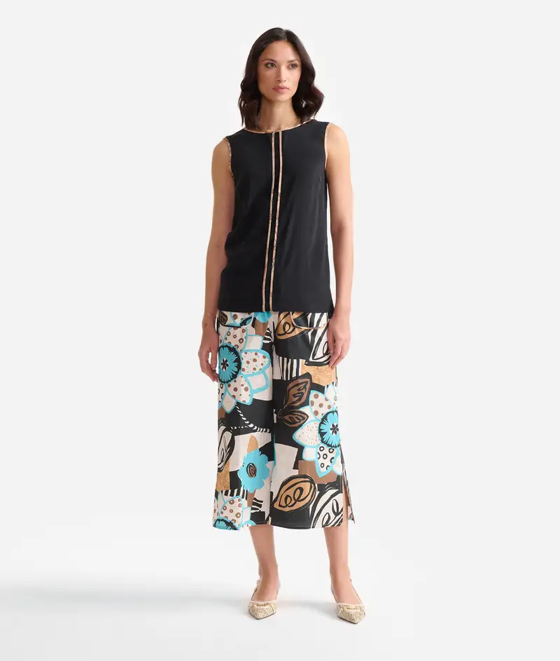 Canotta in pura seta stretch con dettagli Geo Classic Nera