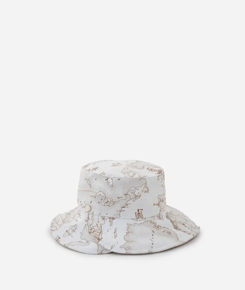 Cappello con falda incrociata in lino e cotone Geo White