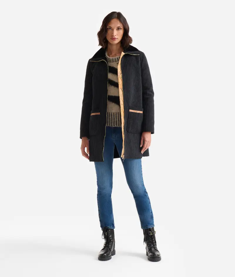 Cappottino in velluto a coste accoppiato ecopelliccia Nero