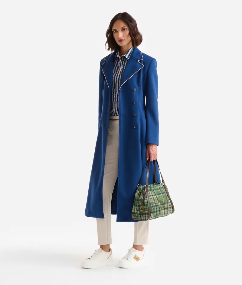 Cappotto lungo redingote in velour Blu Scuro
