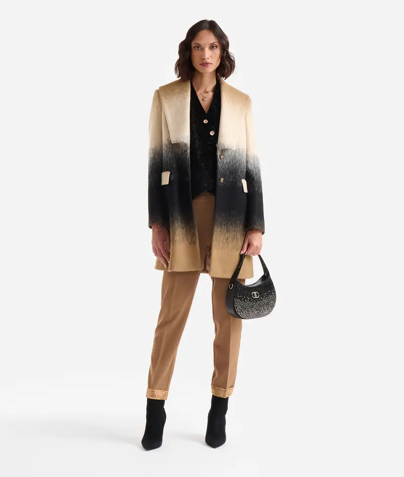 Cappotto midi con rever in agugliato misto lana Naturale