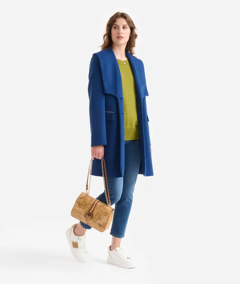 Cappotto midi con rever in velour Blu Scuro