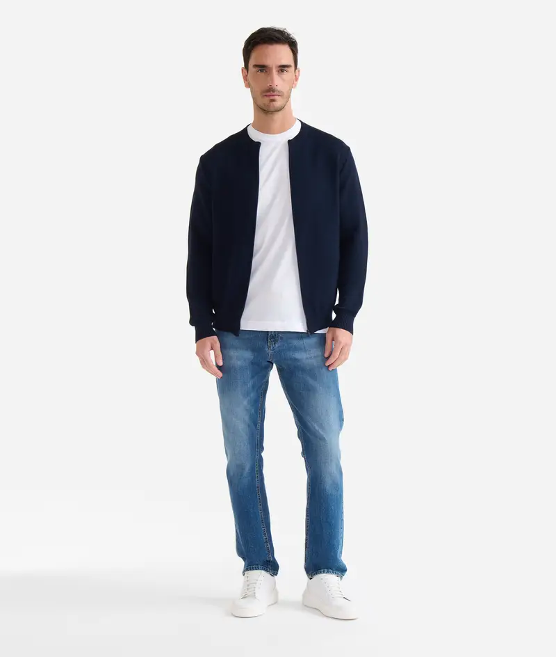 Cardigan in filato misto lana con toppe Geo Classic Blu Notte