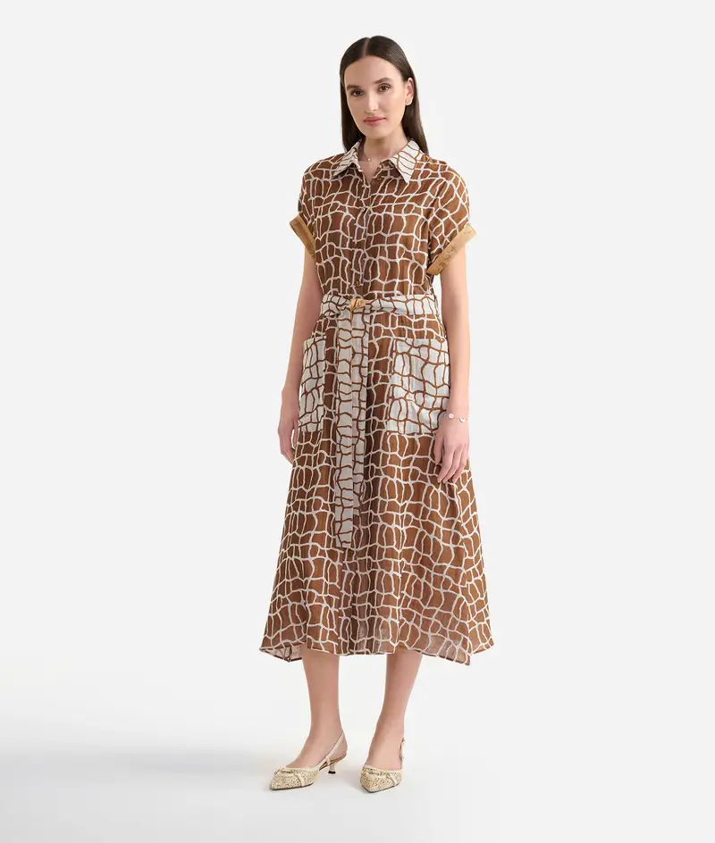 Chemisier lungo in cotone tinto filo fantasia Savana Terra