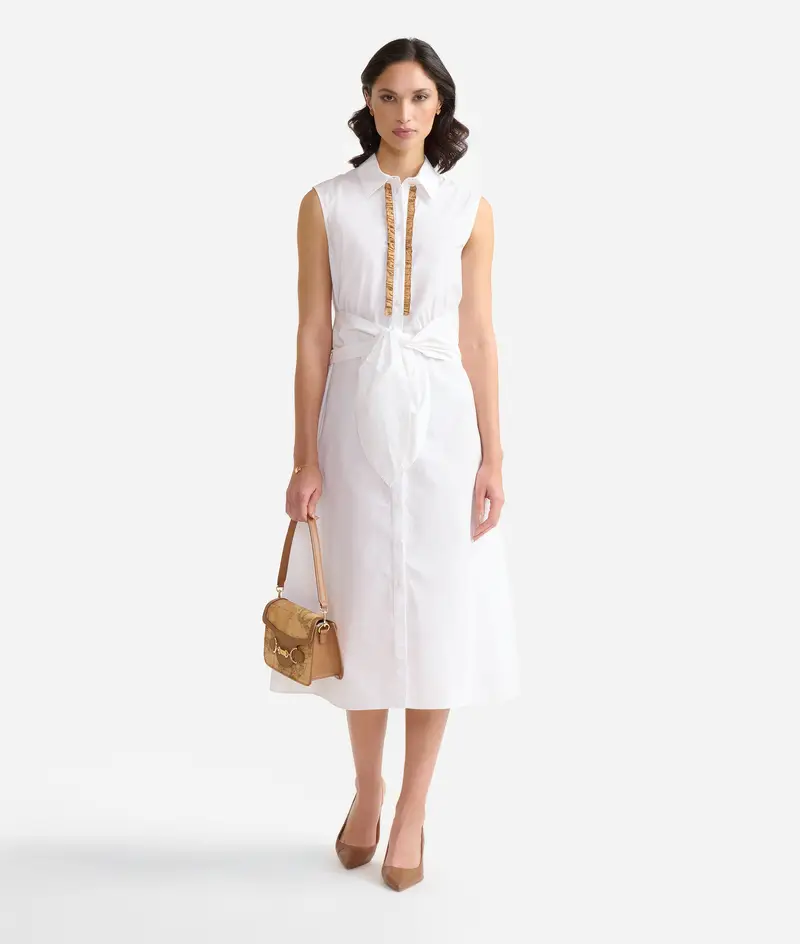 Chemisier smanicato in popeline di cotone croccante Bianco