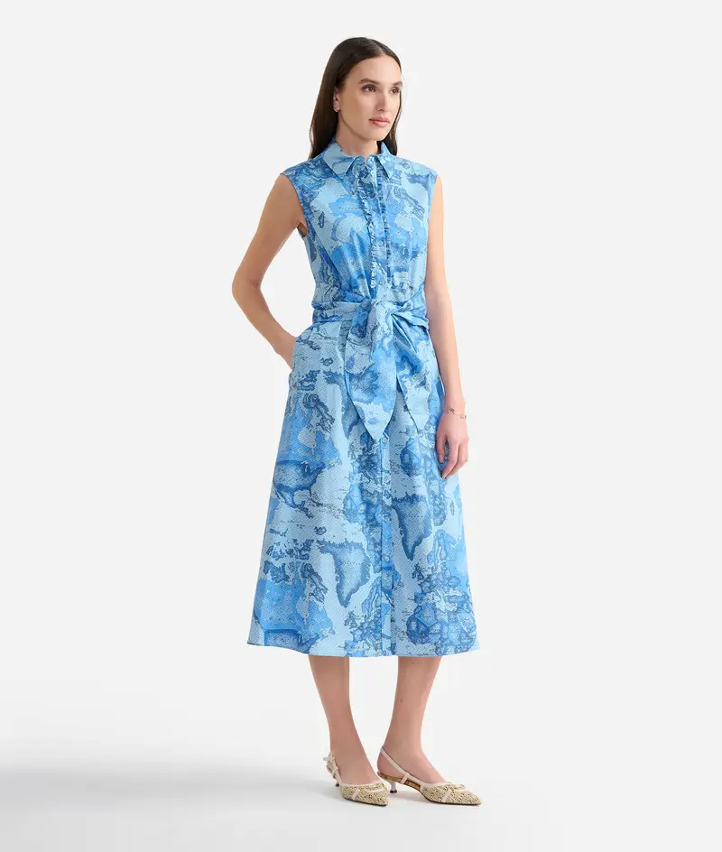 Chemisier smanicato in popeline di cotone stretch Geo Lino Blu Denim