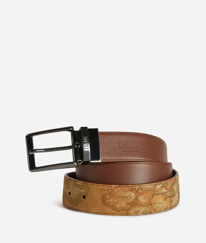 Cintura reversibile da uomo in pelle e tessuto nabuk Geo Classic Brunito