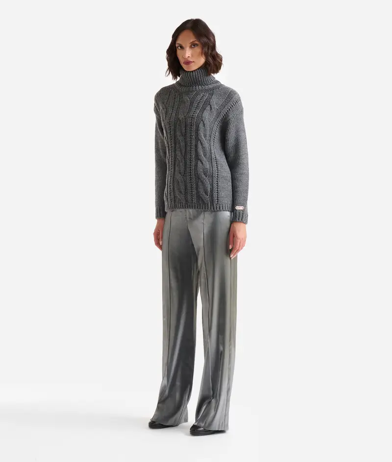 Dolcevita a trecce in filato misto lana Grigio Medio