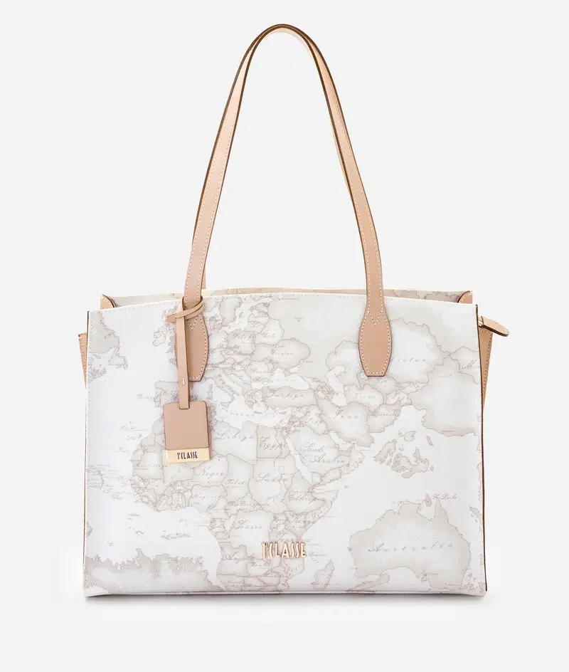 Geo White borsa shopping con fianchi in pelle