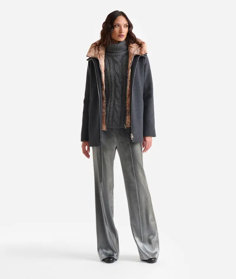 Giaccone in panno misto lana con davantino in nylon Antracite