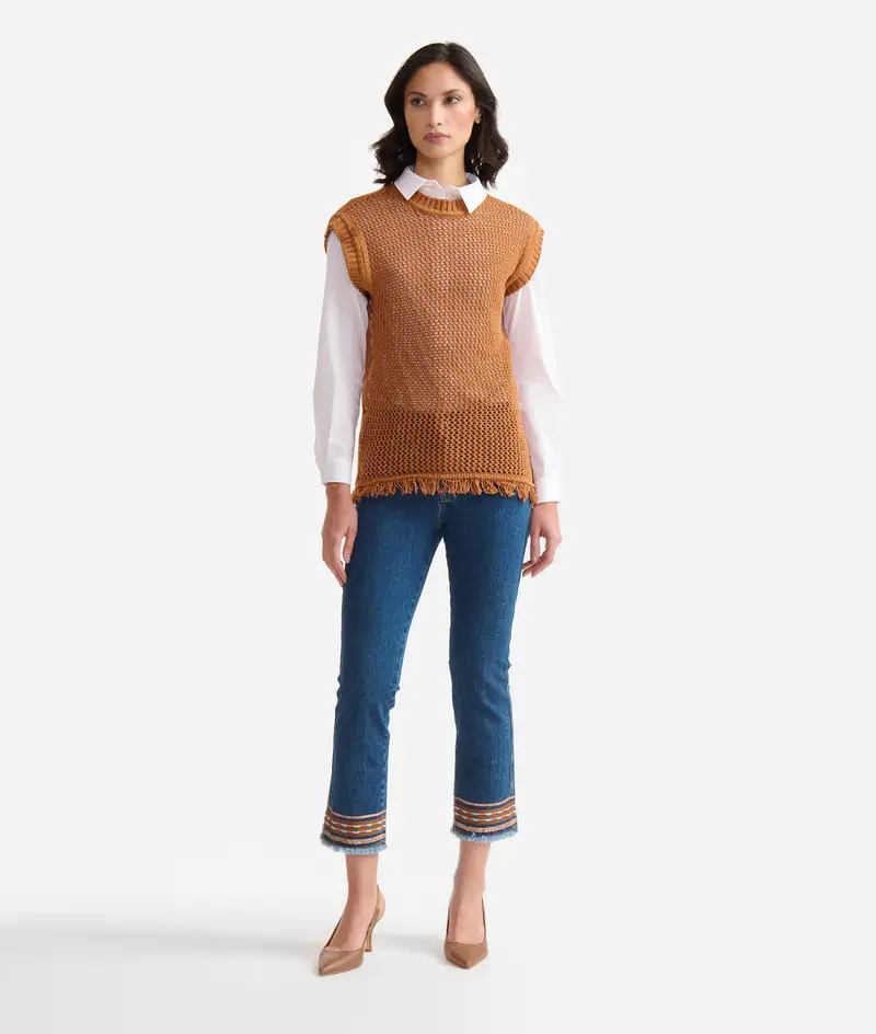 Gilet a rete in filato di cotone Cuoio